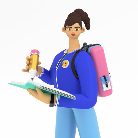 Young woman holding book and making notes. Student learning and preparing exam. Education, studying online and back to school concept. 3d rendering illustrationの写真素材