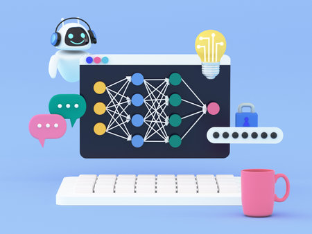 Computer desktop screen with artificial intelligence, programming machine, learning neural network. Deep learning concept. AI server, data security and robot technologの写真素材