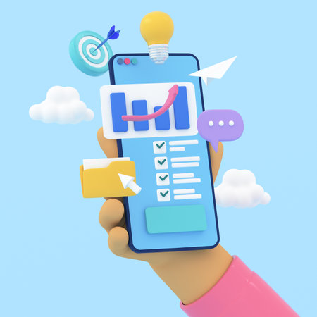 3d hand holding smartphone, bars, check boxes, target, lamp, comment, paper plane icons. Achievement goals, business management application concept. 3d rendering illustration.の写真素材