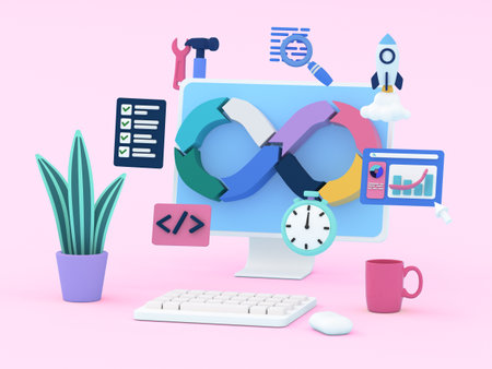 DevOps concept illustration. Desktop screen of working process for software development with icons of a plan, code, build, test, release, deploy, operate, monitor. 3d rendering imaの写真素材