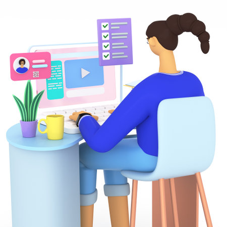 Young woman sitting at the computer and learning in online school, university or course. Cute student watching lessons from home. Education online, e-learning concepts. 3d render iの写真素材