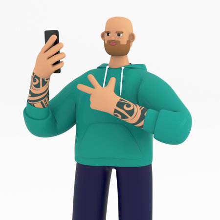 Young teenage man taking selfie, communicate with audience, posting reels online. Social media, blogging, creating content concept. 3d render illustration on color backgroundの写真素材