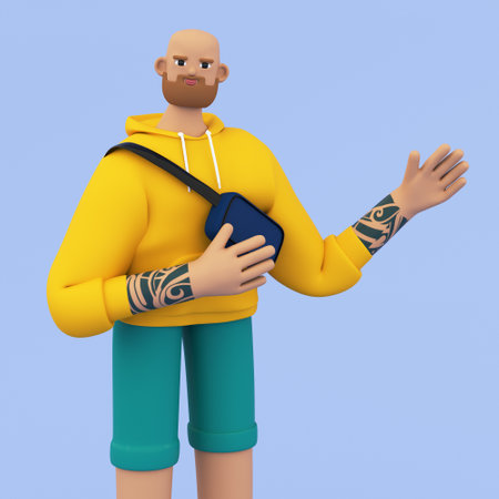 Handsome man pointing hand. 3d render illustration. Announcement or advertising concept for web, application or presentation design.の写真素材