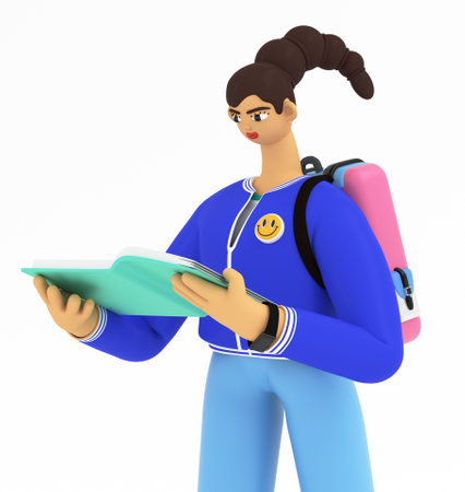 Young woman reading book. Student learning and preparing exam. Education, studying, reading and back to school concept. 3d rendering illustrationの写真素材