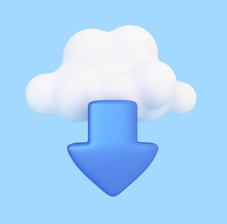 Cloud storage and computing icon. Data Center Technology. 3d render illustration, White cloud and blue arrow.の写真素材