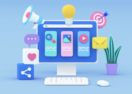 3D desktop screen with video player, gallery, seo analysis. Digital Marketing, web analytics, seo optimization, social media concept.3d render illustration.の写真素材