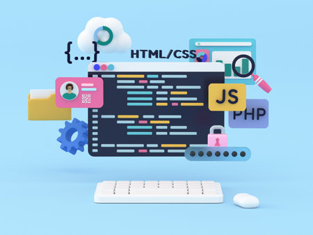 Frontend development languages, software engineering, IT technologies, working on website or application, ui ux design concept. 3d rendering illustration.の写真素材