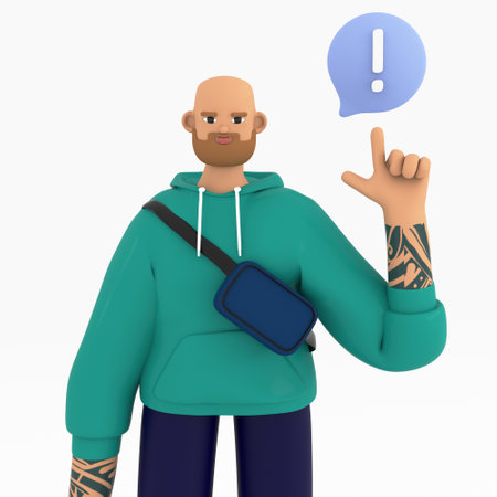Man finding solution, businessman and male character with exclamation mark in bubble icon. 3d render illustration on white background.の写真素材