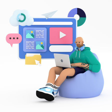 Handsome beard man is annoucing and speaking on social media. Brand management, online promotion concept image. Male character working remote. 3d render illustration.の写真素材