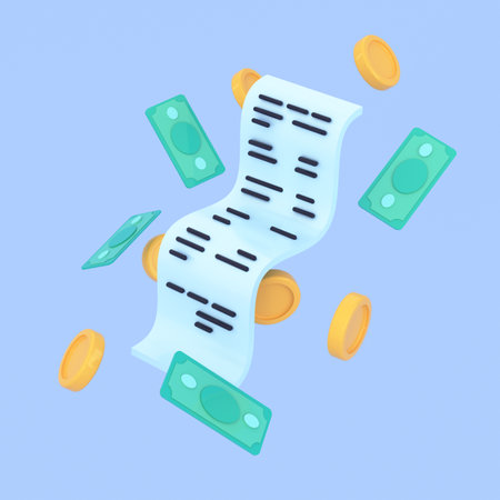 3d abstract illustration of golden coins and green banknotes of dollars floating around the bill or invoice. 3d rendering illustration in simple cartoon style.の写真素材