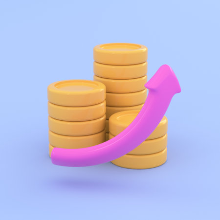 3d abstract illustration of stack of golden coins with arrow showing the growth of income or profit . 3d rendering illustration in simple cartoon style.の写真素材