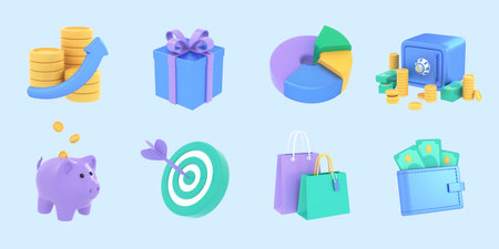 3D set of commercial or business icons. Achieving goals, saving money, ecomony, managing financial income, investment, trading market concept. 3d render illustration.の写真素材