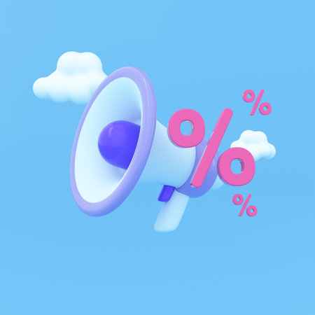 3d minimalistic megaphone or loudspeaker with interest rate icon. Sale, social media promotion, discount, advertising concept. 3d render illustration.の写真素材
