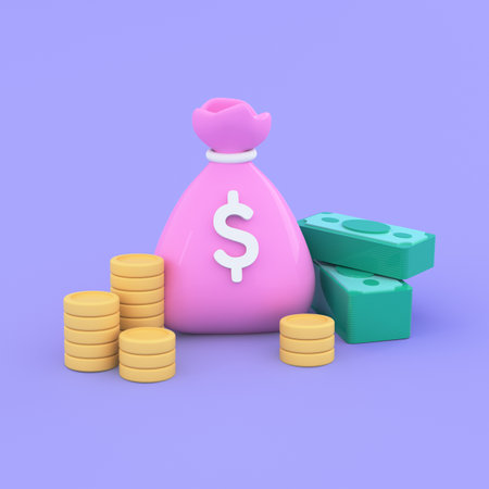 3d bag of money with stack of coins and paper dollars around. Cash, business, finance, investment, financial solution, money increasing concept. 3d render illustration on purpleの写真素材