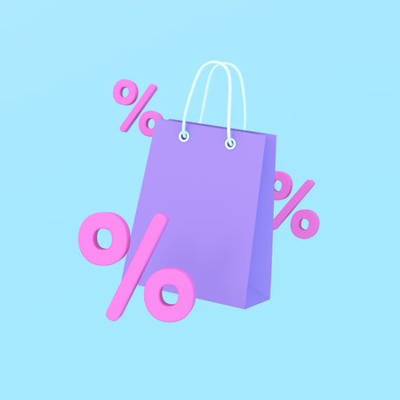 3d shopping bags with interest rate or percent sign. Online shopping, discount, sale, promotion, marketing concept, special offer concept. 3d render illustration.の写真素材