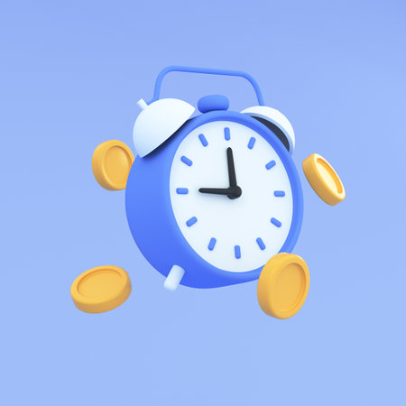3D cartoon alarm clock icon with coins floating around. Time limit, business investments, earning, financial saving, time management and deadline concept. 3d render illustration.の写真素材