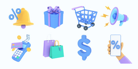3D collection of shopping, sale, economy icons. Online shopping, saving money, promotion, managing financial income, e-commerce, trading market, payment concept, online store.の写真素材