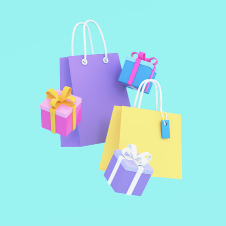 3d shopping bags with gift boxes. Online shopping, discount, sale, promotion, marketing concept, special offer concept. 3d render illustration.の写真素材