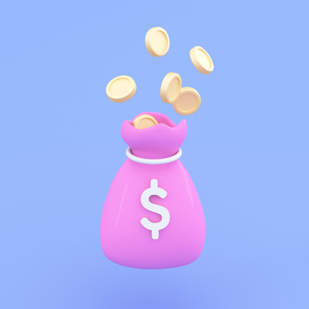 3d bag open and golden coins falling inside. Cash, business, finance, investment, financial solution, money increasing concept. 3d render illustration on purple background.の写真素材