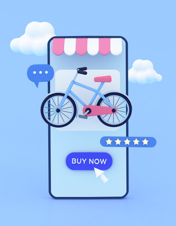 3d online shopping mobile app with bike on sale. Selling online, e-commerce, special offer, give away concept. 3d render illustration.の写真素材