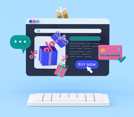 3d online shopping web page with gift boxes floating around. Sales, e-commerce, discount , special...