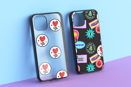 Trendy mobile phone case design. Retro style stickers texture on blue-purple background. Wallpaper, marketing, advertising design illustration. 3d rendering image.の写真素材