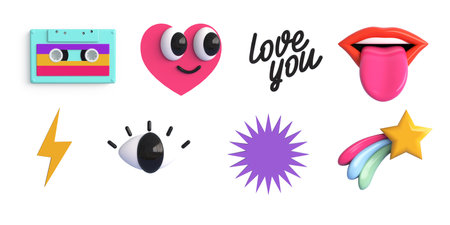 3d trendy retro stickers collection and groovy style set. Cassette, heart smiling, eye, lighting,...