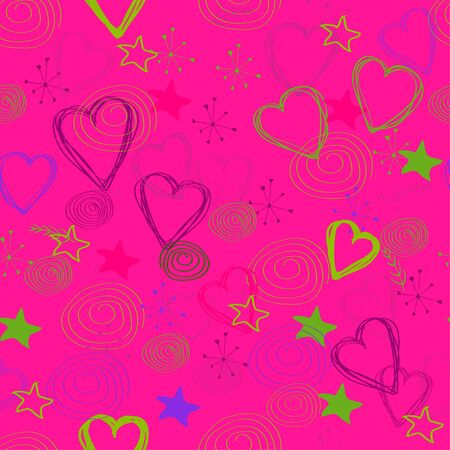 seamless background. Pattern of hearts, stars and doodles on a pink background. vector. illustrationのイラスト素材