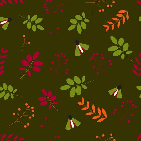 Autumn seamless background. Pattern of leaves, insects and berries on a dark green background. vector. illustrationのイラスト素材