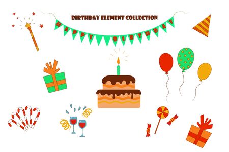 Isolated elements for birthday and celebration on a white background. cake, balls, gifts, sweets. flat vector. illustrationのイラスト素材