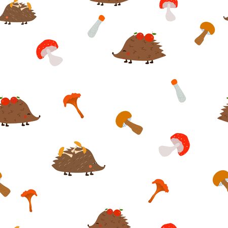 Autumn seamless pattern: isolated cute hedgehogs and mushrooms on a white background. flat vector. illustrationのイラスト素材