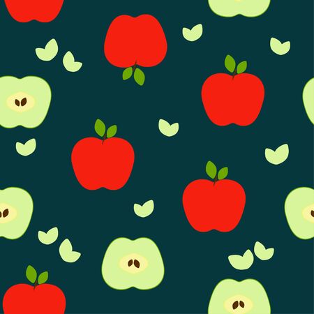 Seamless pattern: apples and halves of apples in vector flat style on a dark background. illustrationのイラスト素材