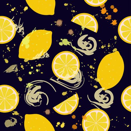 Seamless pattern: lemons and doodles on a blue background. flat vector. illustrationのイラスト素材