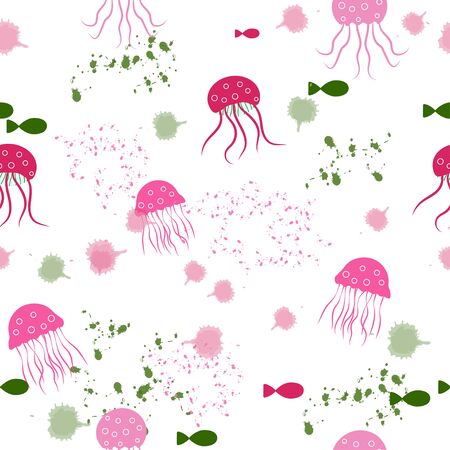 Seamless pattern: isolated jellyfish, fish, watercolor blots on a white background. vector. illustrationのイラスト素材