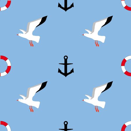 Seamless pattern: birds, lifebuoy and anchor on a blue background. Marine background. vector. illustrationのイラスト素材
