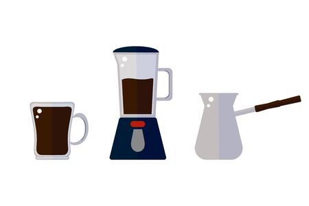 Cup with coffee, coffee maker and turk in flat vector style on a white background. illustrationのイラスト素材