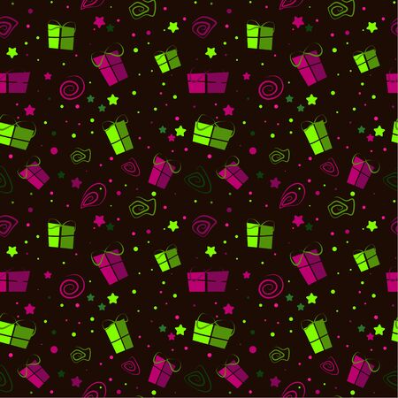 Colored seamless festive pattern with gifts and doodles on a dark background. Can be used as packaging. vector. illustrationのイラスト素材