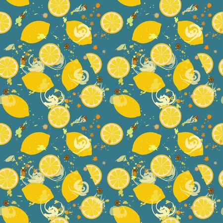 Seamless pattern: yellow lemons and star anise on a blue background. Flat vector. illustrationのイラスト素材