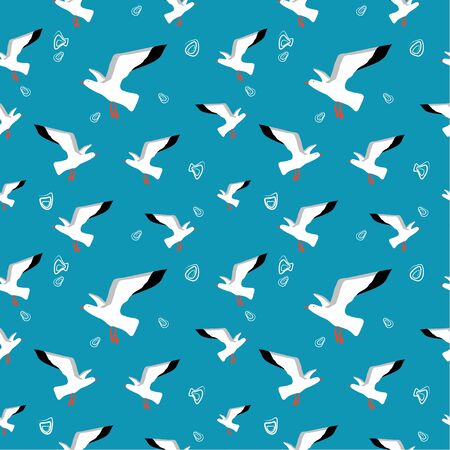 Seamless pattern: seagulls and doodles on a blue background. flat vector. illustrationのイラスト素材