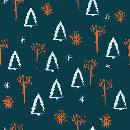 Seamless winter pattern: trees in white and brown, snowflakes on a blue background. flat vector. illustrationのイラスト素材
