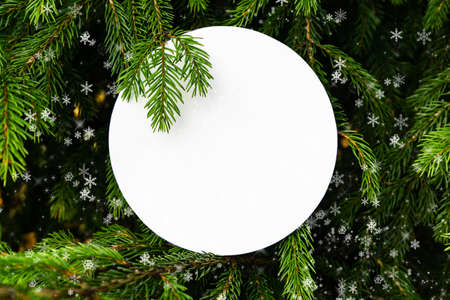 Natural frame of fir branches, snow and light. The concept of a festive mood, Christmas and New...