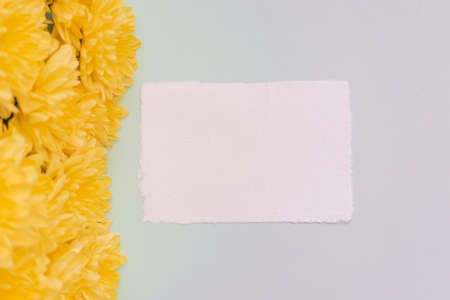 Flower arrangement. Yellow chrysanthemum flowers on a light background. Spring, easter concept. Flat...