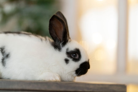 A white rabbit sits in front of a window. Copy spaceの写真素材
