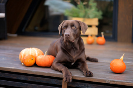Brown labrador close-up lying on the background of a wooden house, decor with pumpkins for Halloweenの写真素材