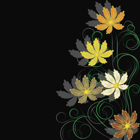 Black background with   abstract orange,yellow and brown flowers and  branchesのイラスト素材