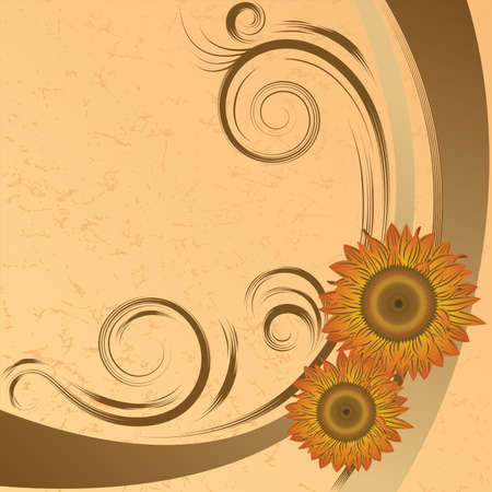 Abstract orange sunflowers on the brown grunge  background のイラスト素材