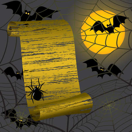Halloween frame with yellow moon, bats,spider and a webのイラスト素材