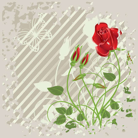 Grunge background with   abstract red roses and  butterflyのイラスト素材