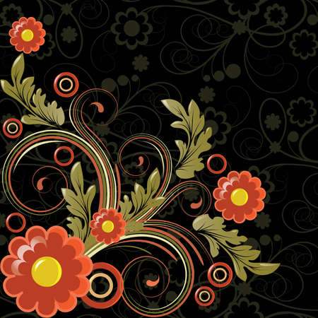 Black background with   abstract red flowers and   leavesのイラスト素材