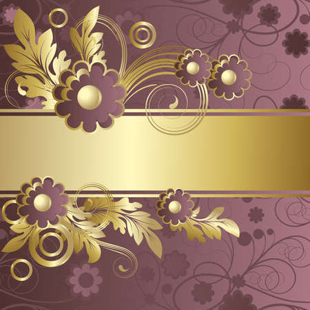 Background with   abstract claret flowers and  gold leavesのイラスト素材